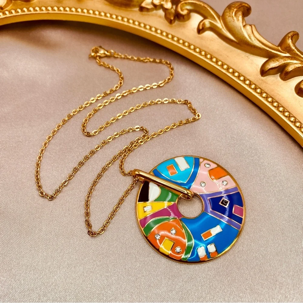18K Gold Titanium Enamel Positano Village Medallion Pendant Dainty Necklace - Picture 2 of 9